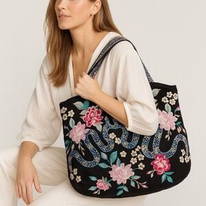 Johnny Was Edie Embroidered Black Tote Bag Floral Snake Design